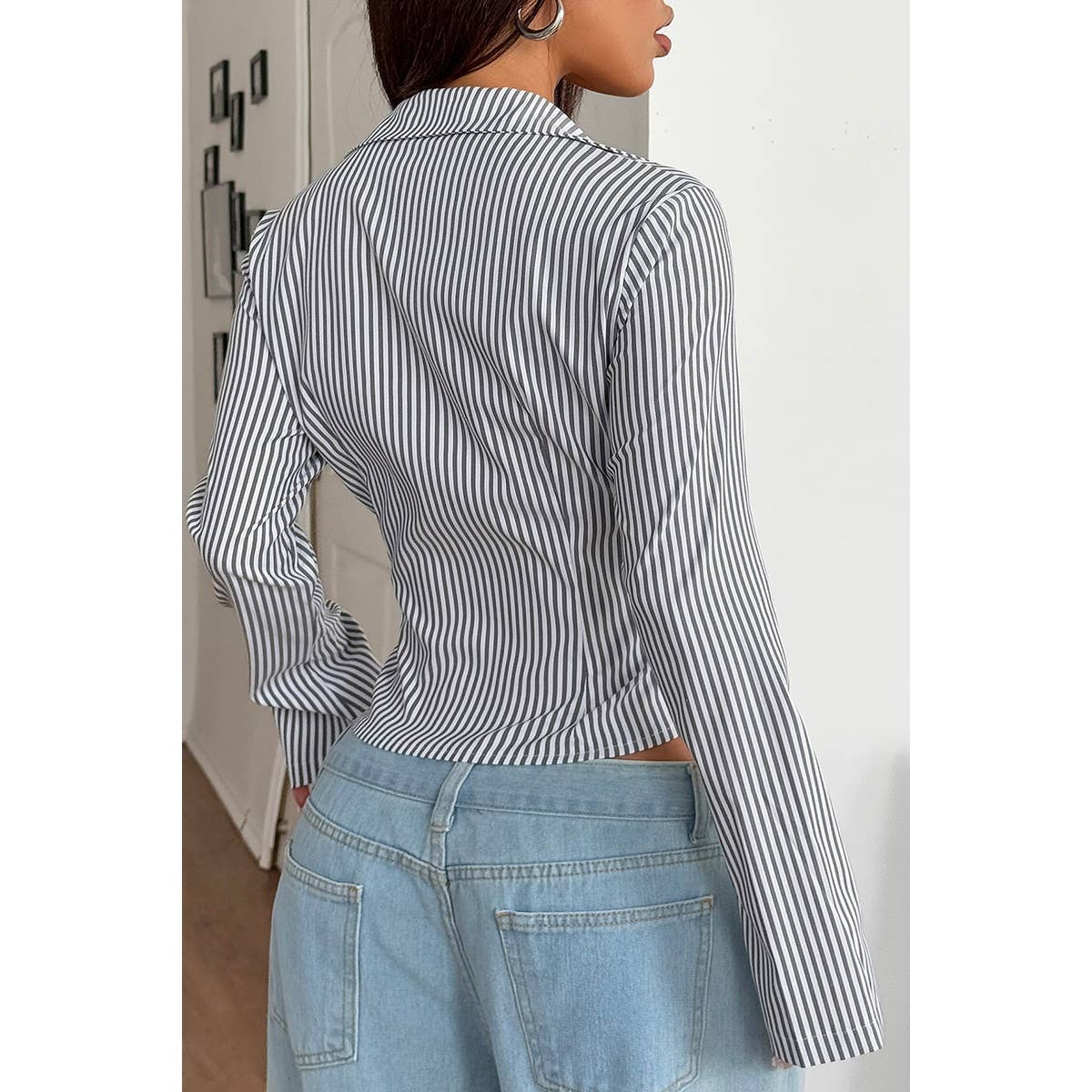 Button Down Striped Slim Fit Long Sleeve Blouse - MVTFASHION.COM