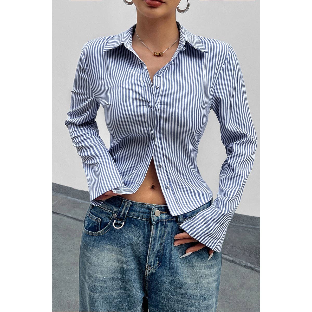 Button Down Striped Slim Fit Long Sleeve Blouse - MVTFASHION.COM