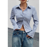 Button Down Striped Slim Fit Long Sleeve Blouse - MVTFASHION.COM