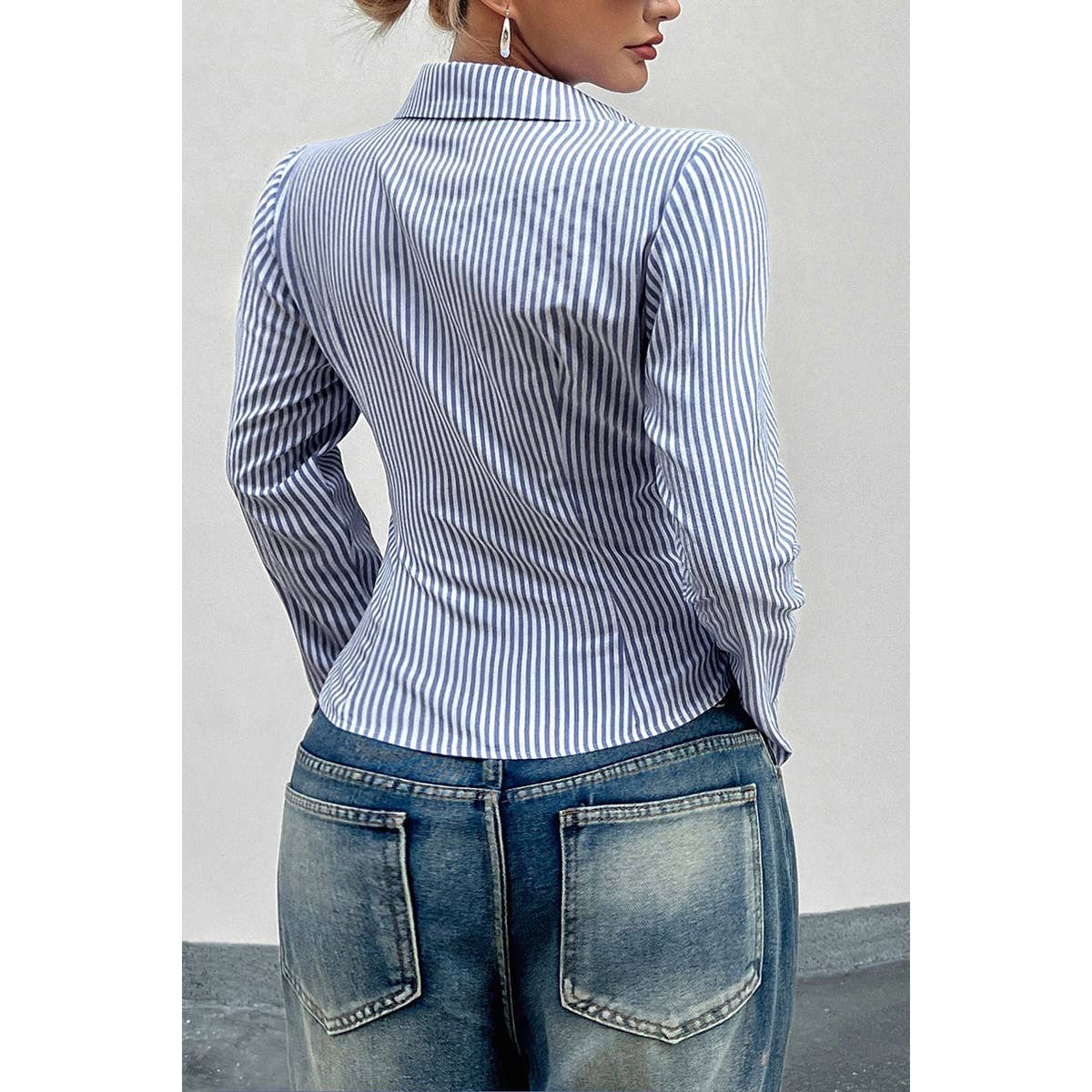 Button Down Striped Slim Fit Long Sleeve Blouse - MVTFASHION.COM