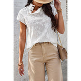 Button Floral Lace Fit Solid Mock Neck Blouse - MVTFASHION.COM