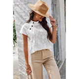 Button Floral Lace Fit Solid Mock Neck Blouse - MVTFASHION.COM