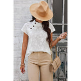 Button Floral Lace Fit Solid Mock Neck Blouse - MVTFASHION.COM