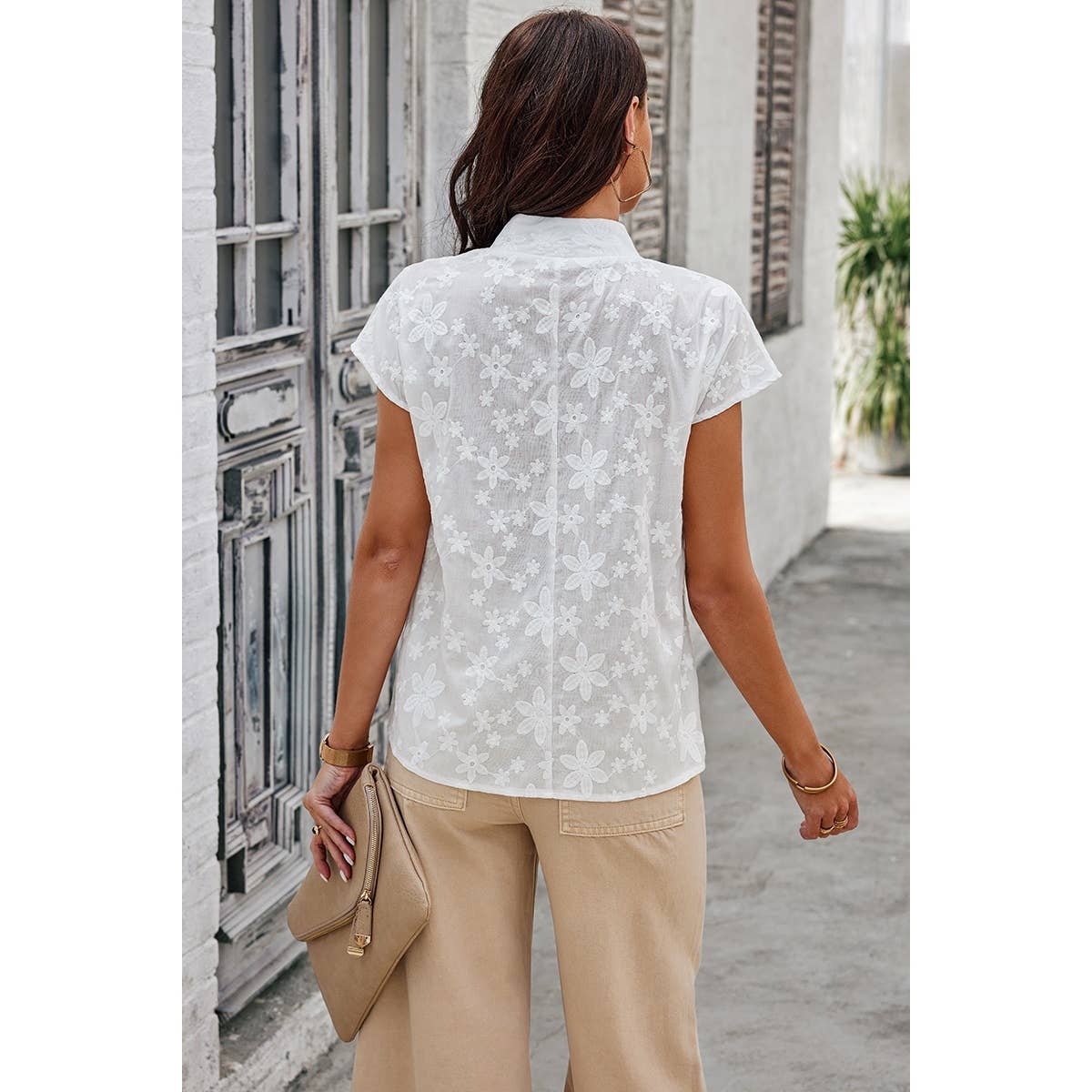 Button Floral Lace Fit Solid Mock Neck Blouse - MVTFASHION.COM