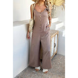Button Front Knotted Strap Wide Leg Jumpsuit - MVTFASHION.COM