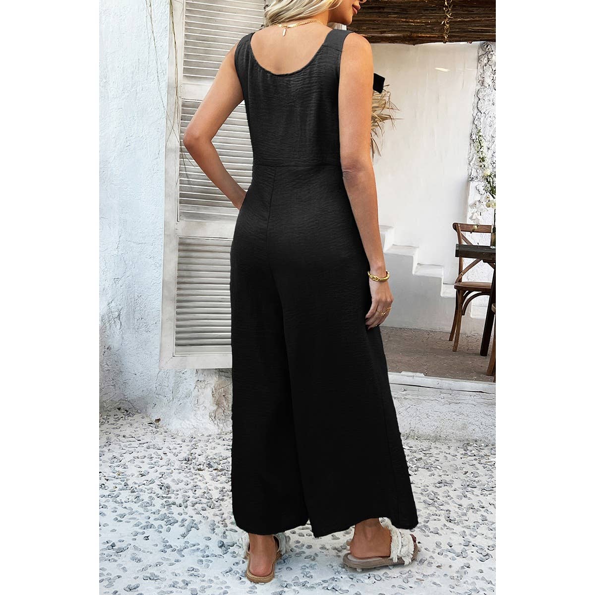 Button Front Knotted Strap Wide Leg Jumpsuit - MVTFASHION.COM
