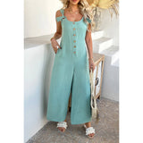 Button Front Knotted Strap Wide Leg Jumpsuit - MVTFASHION.COM