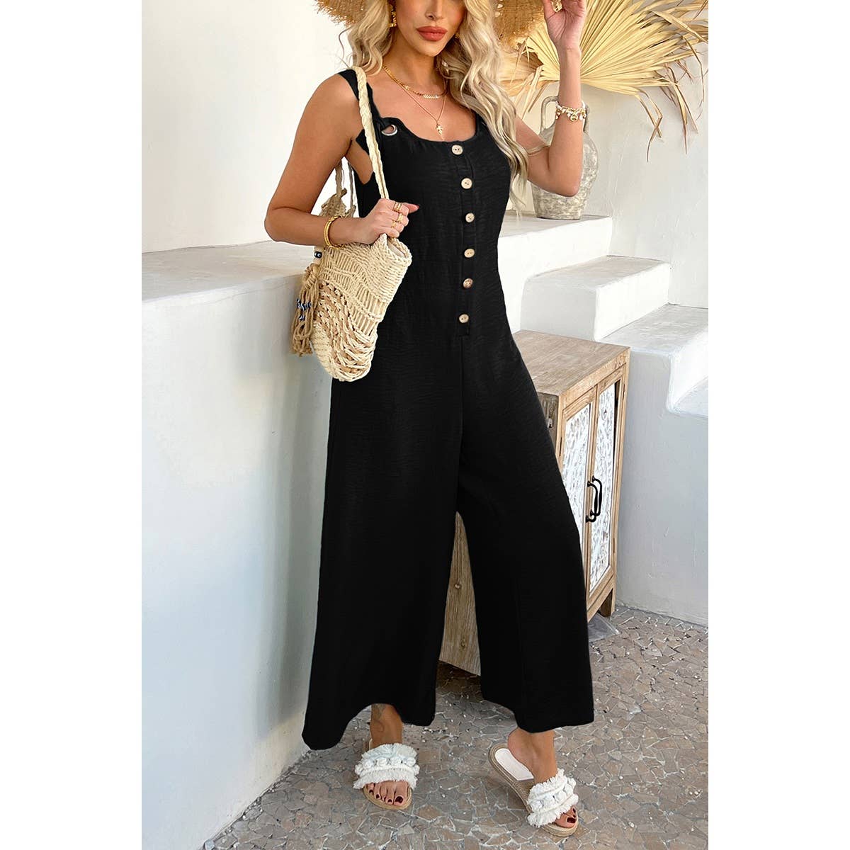 Button Front Knotted Strap Wide Leg Jumpsuit - MVTFASHION.COM