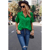 Button Front Open Pocket Solid Blouse - MVTFASHION.COM