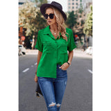 Button Front Open Pocket Solid Blouse - MVTFASHION.COM