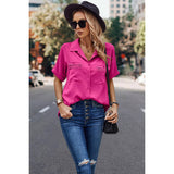 Button Front Open Pocket Solid Blouse - MVTFASHION.COM