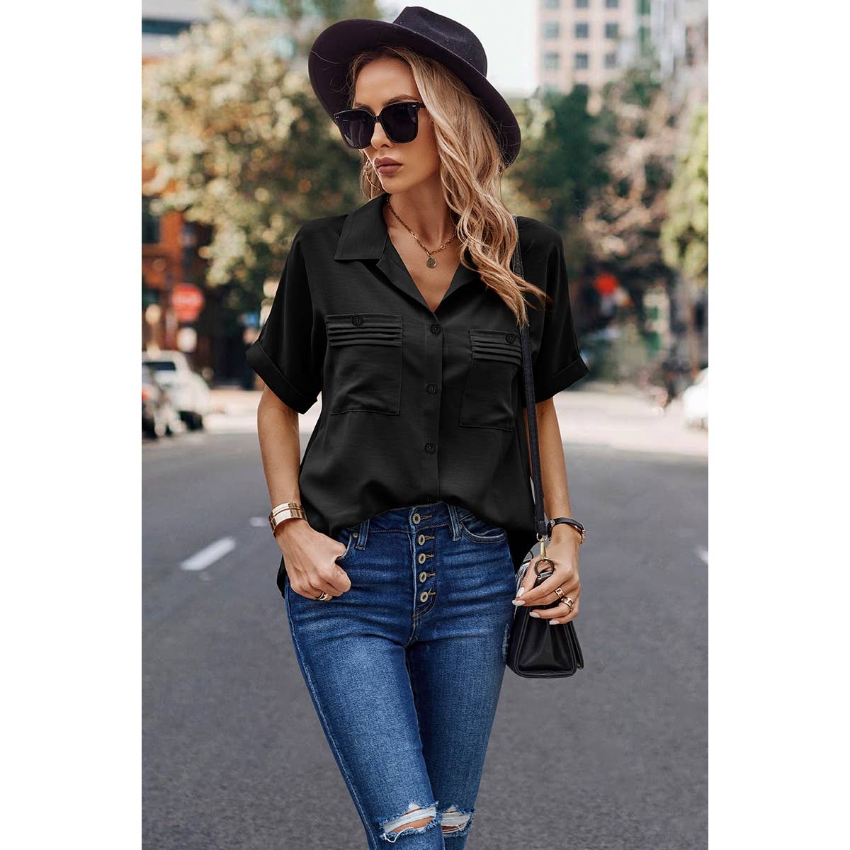 Button Front Open Pocket Solid Blouse - MVTFASHION.COM