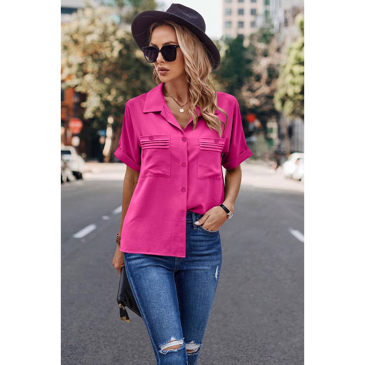 Button Front Open Pocket Solid Blouse - MVTFASHION.COM