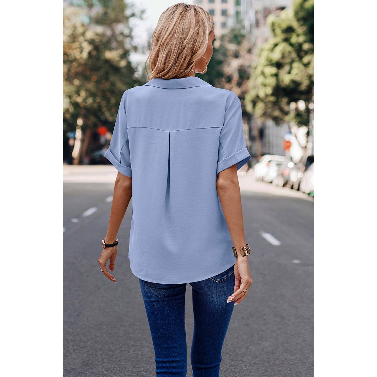 Button Front Open Pocket Solid Blouse - MVTFASHION.COM