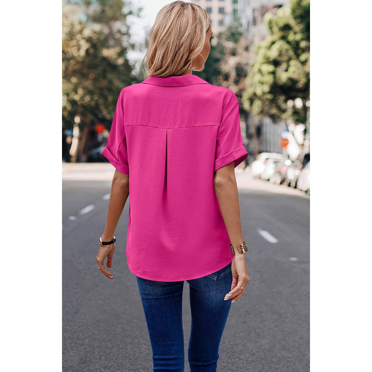 Button Front Open Pocket Solid Blouse - MVTFASHION.COM