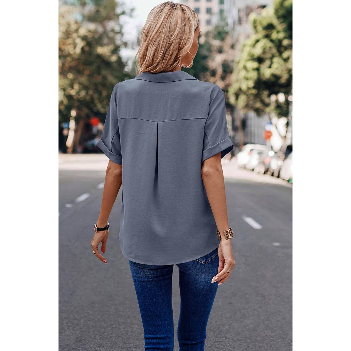 Button Front Open Pocket Solid Blouse - MVTFASHION.COM