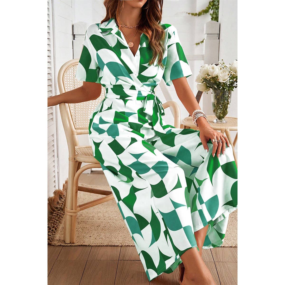Button Geometric Print Belted Wide Leg Jumpsuit - MVTFASHION.COM