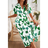 Button Geometric Print Belted Wide Leg Jumpsuit - MVTFASHION.COM