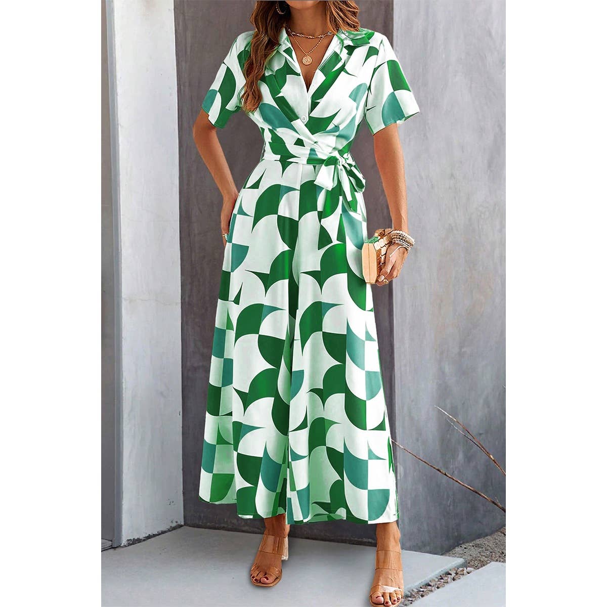 Button Geometric Print Belted Wide Leg Jumpsuit - MVTFASHION.COM