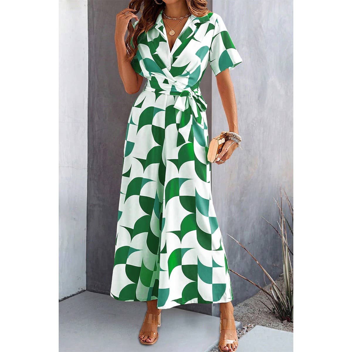 Button Geometric Print Belted Wide Leg Jumpsuit - MVTFASHION.COM