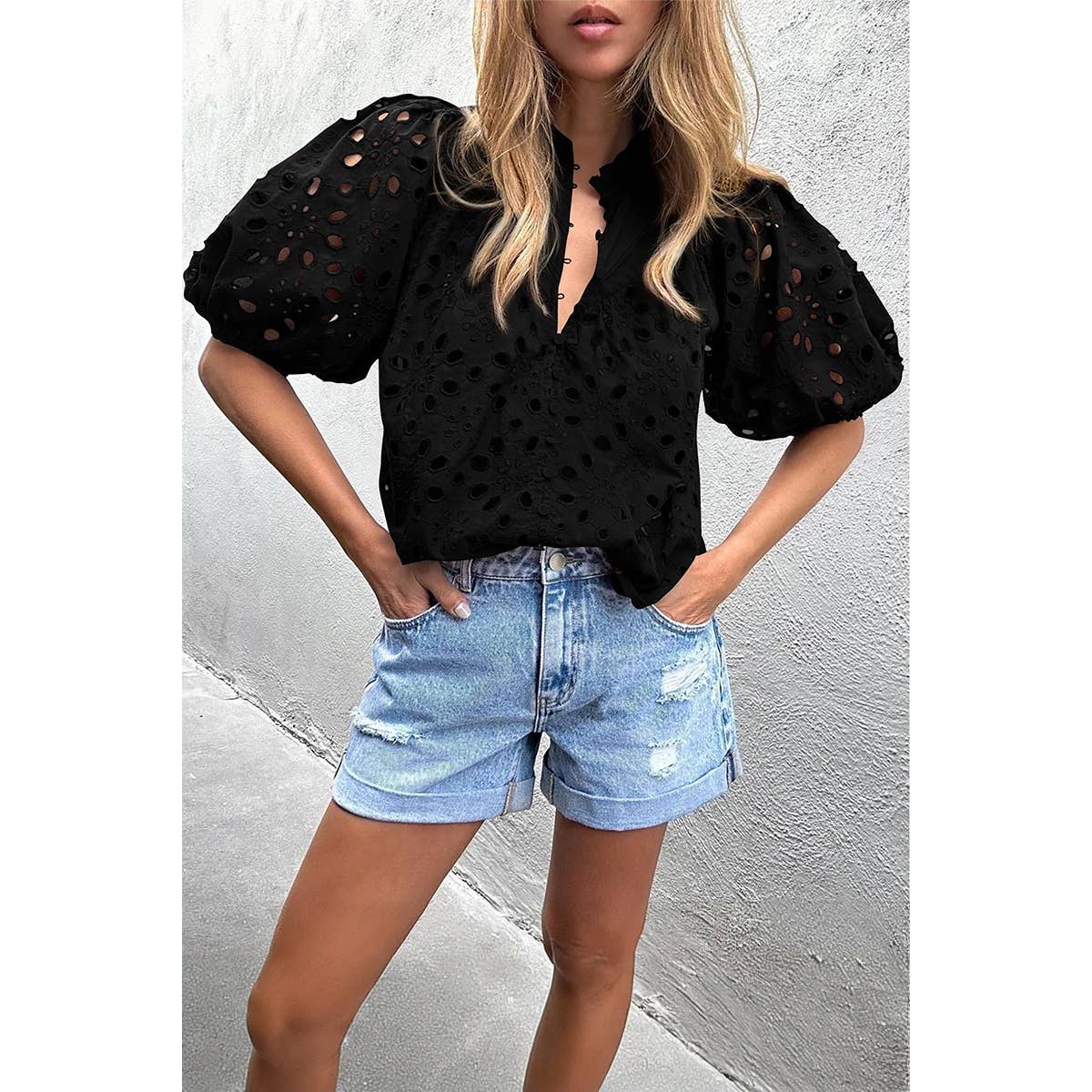 Button Hollow Out Puff Sleeve Lace Trim Top - MVTFASHION.COM