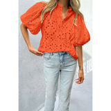 Button Hollow Out Puff Sleeve Lace Trim Top - MVTFASHION.COM