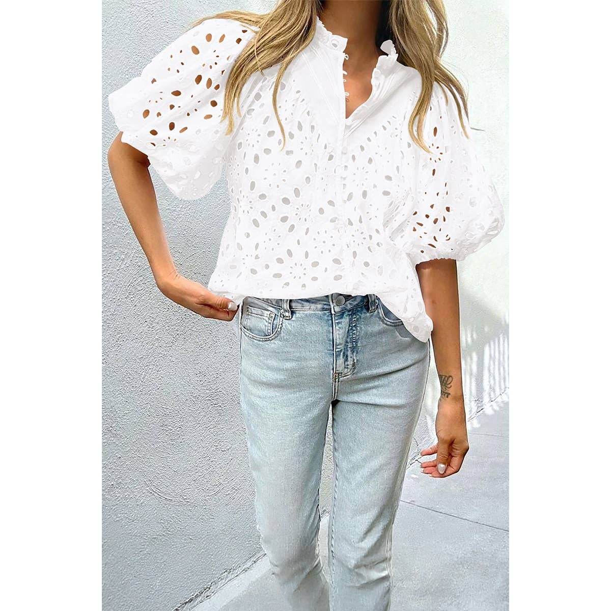 Button Hollow Out Puff Sleeve Lace Trim Top - MVTFASHION.COM