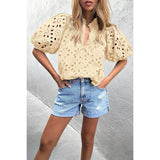 Button Hollow Out Puff Sleeve Lace Trim Top - MVTFASHION.COM