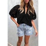 Button Hollow Out Puff Sleeve Lace Trim Top - MVTFASHION.COM