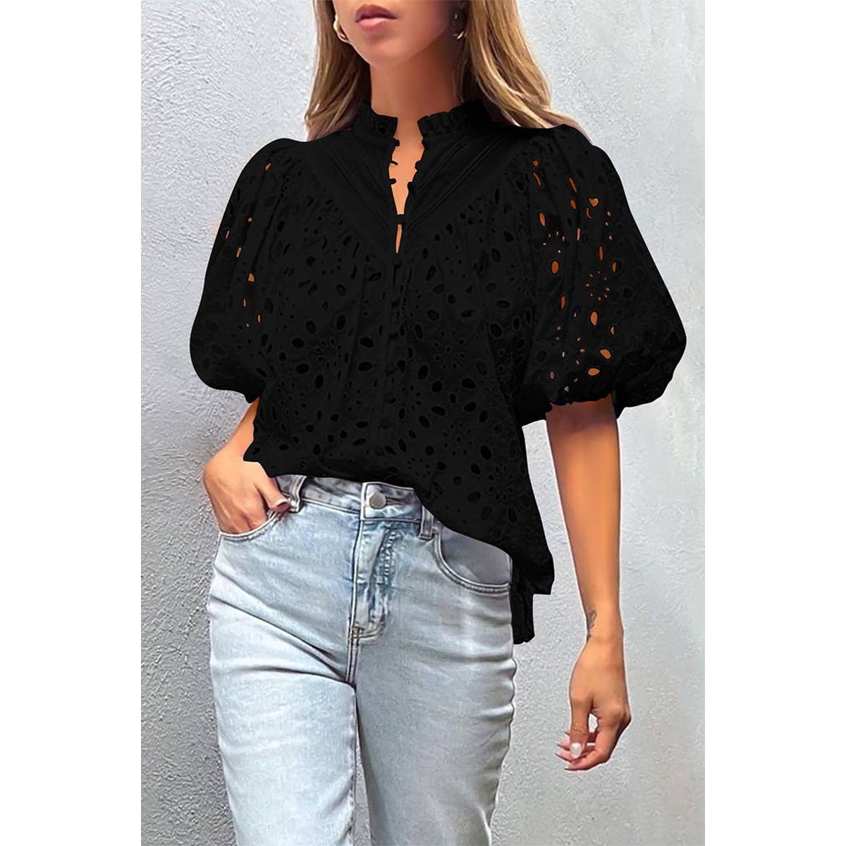 Button Hollow Out Puff Sleeve Lace Trim Top - MVTFASHION.COM