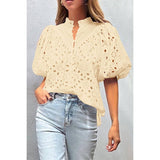 Button Hollow Out Puff Sleeve Lace Trim Top - MVTFASHION.COM