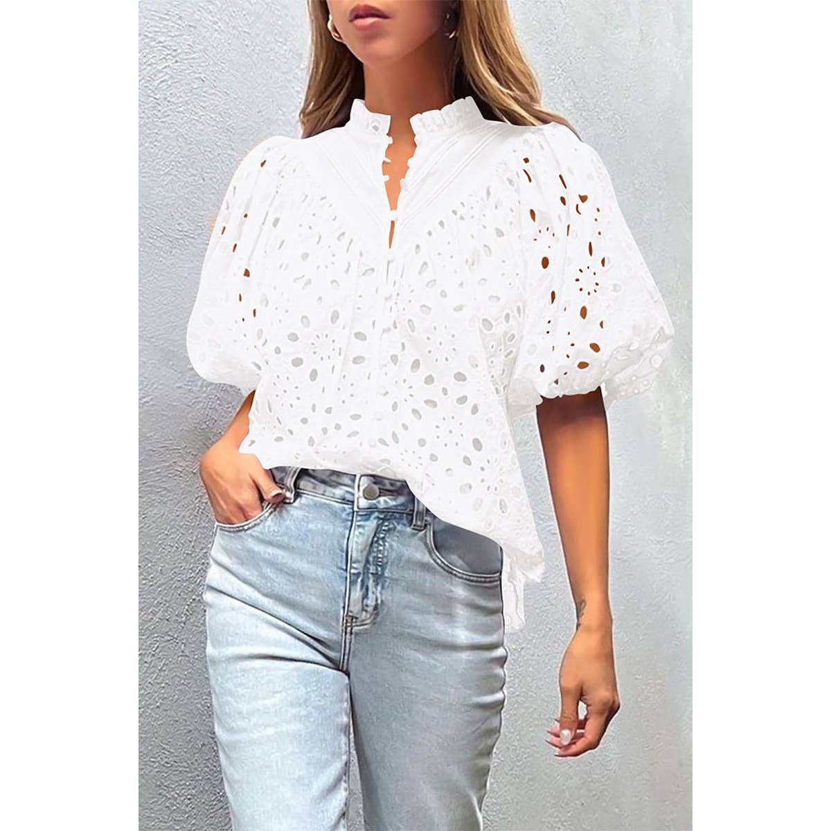 Button Hollow Out Puff Sleeve Lace Trim Top - MVTFASHION.COM