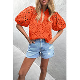 Button Hollow Out Puff Sleeve Lace Trim Top - MVTFASHION.COM