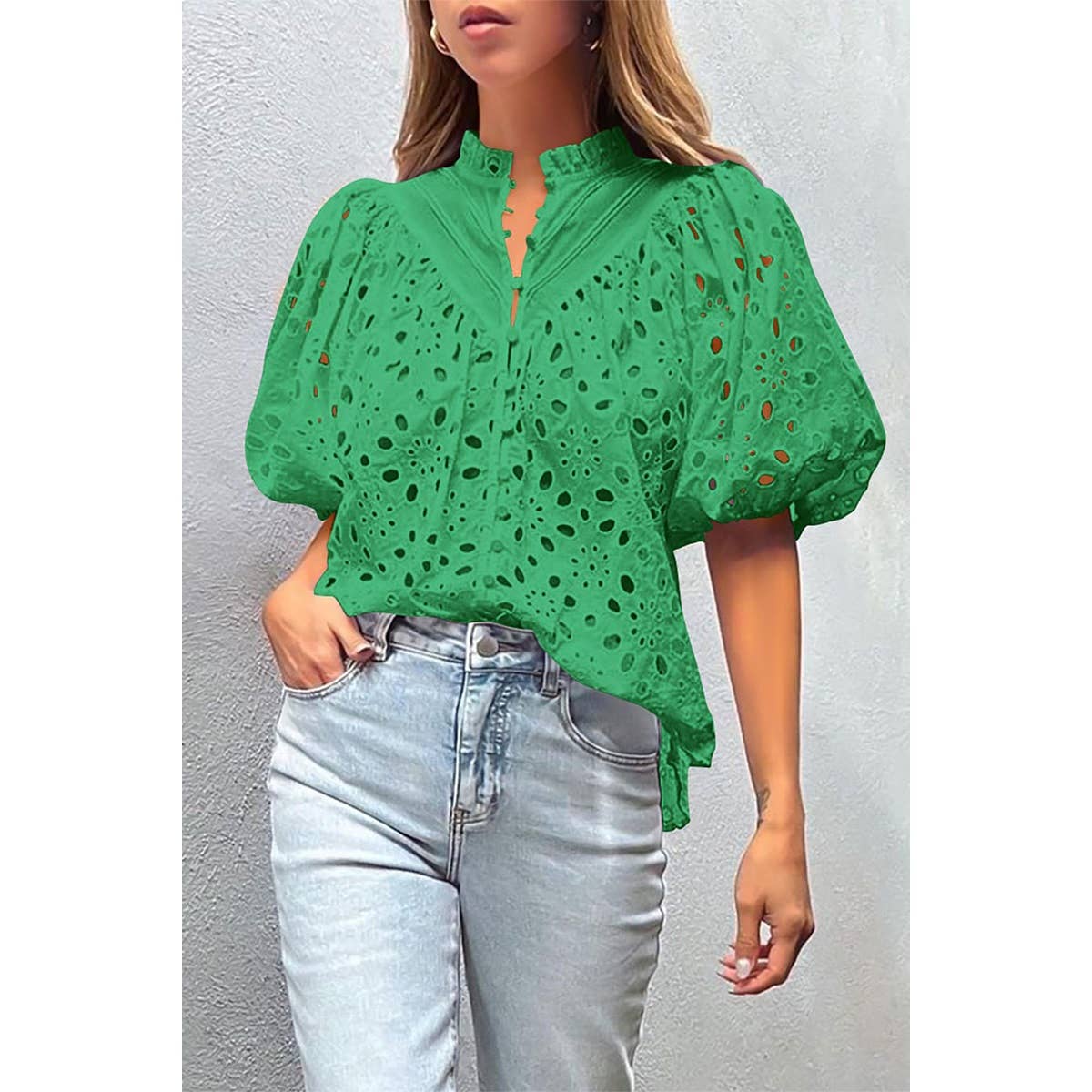 Button Hollow Out Puff Sleeve Lace Trim Top - MVTFASHION.COM