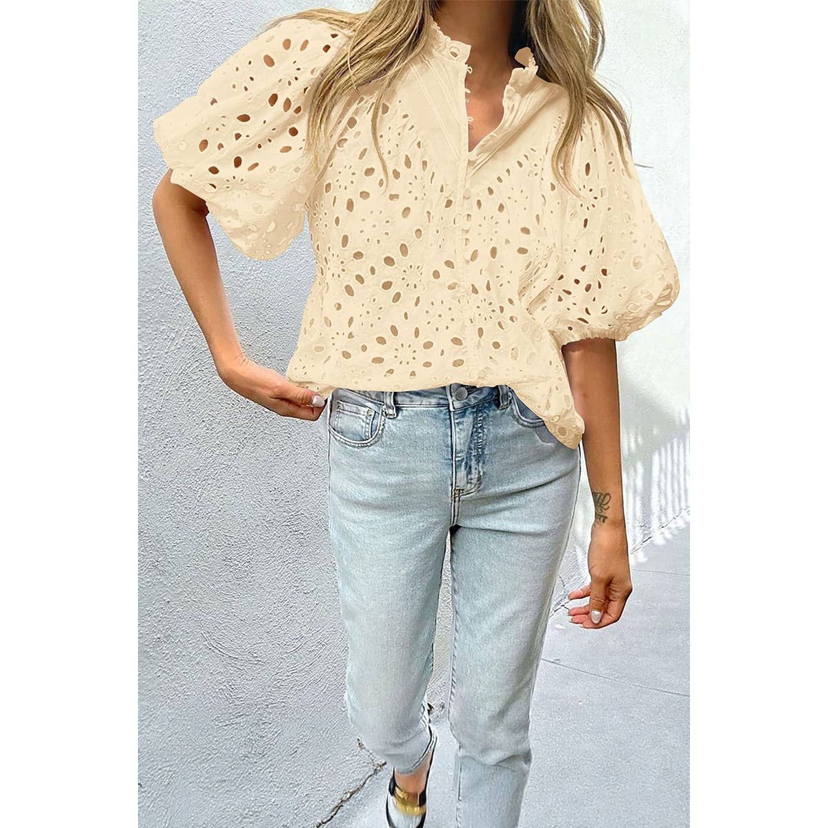 Button Hollow Out Puff Sleeve Lace Trim Top - MVTFASHION.COM