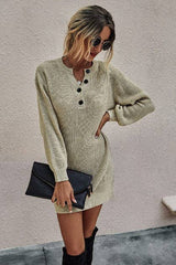 Button Solid Knit Long Sleeve Dress - MVTFASHION.COM