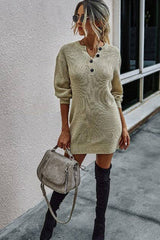 Button Solid Knit Long Sleeve Dress - MVTFASHION.COM