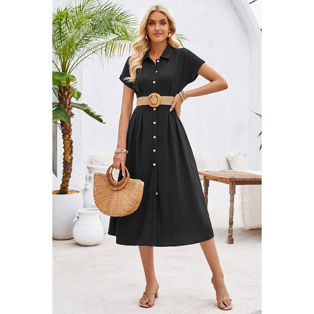 Button Up Solid Front Open Cut Out Fit Dress - MVTFASHION.COM