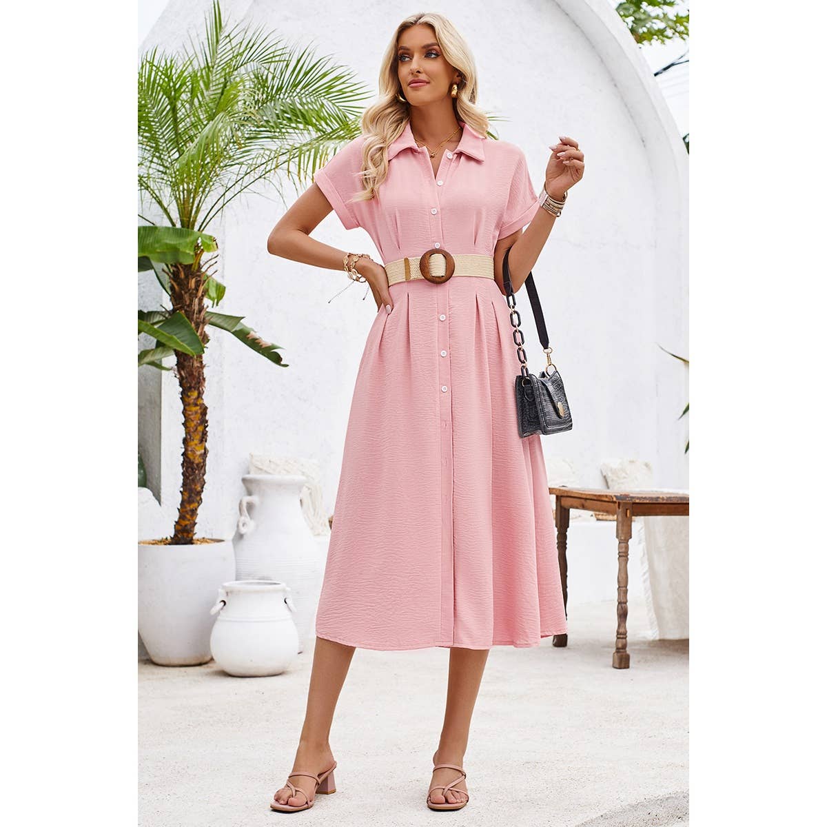 Button Up Solid Front Open Cut Out Fit Dress - MVTFASHION.COM