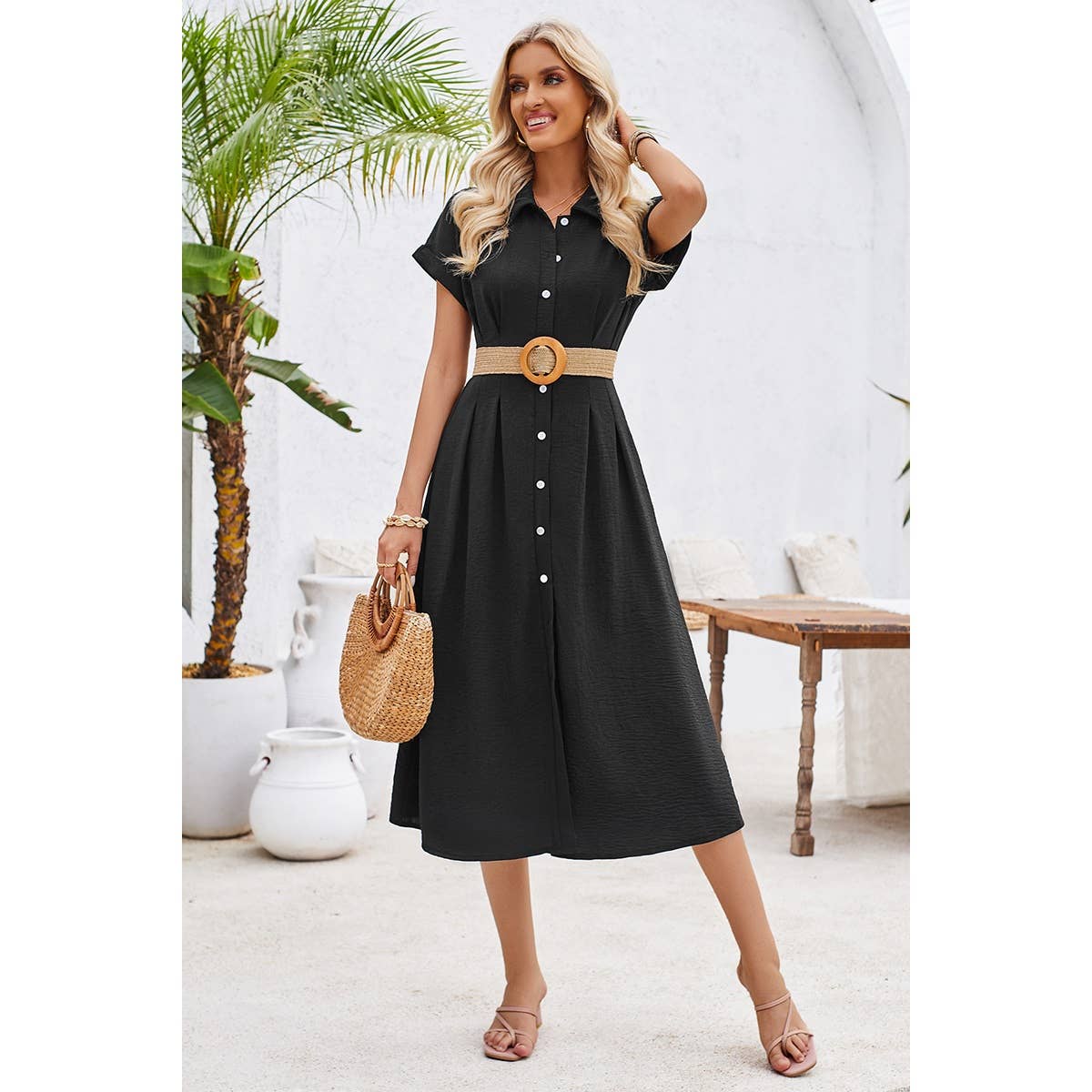 Button Up Solid Front Open Cut Out Fit Dress - MVTFASHION.COM