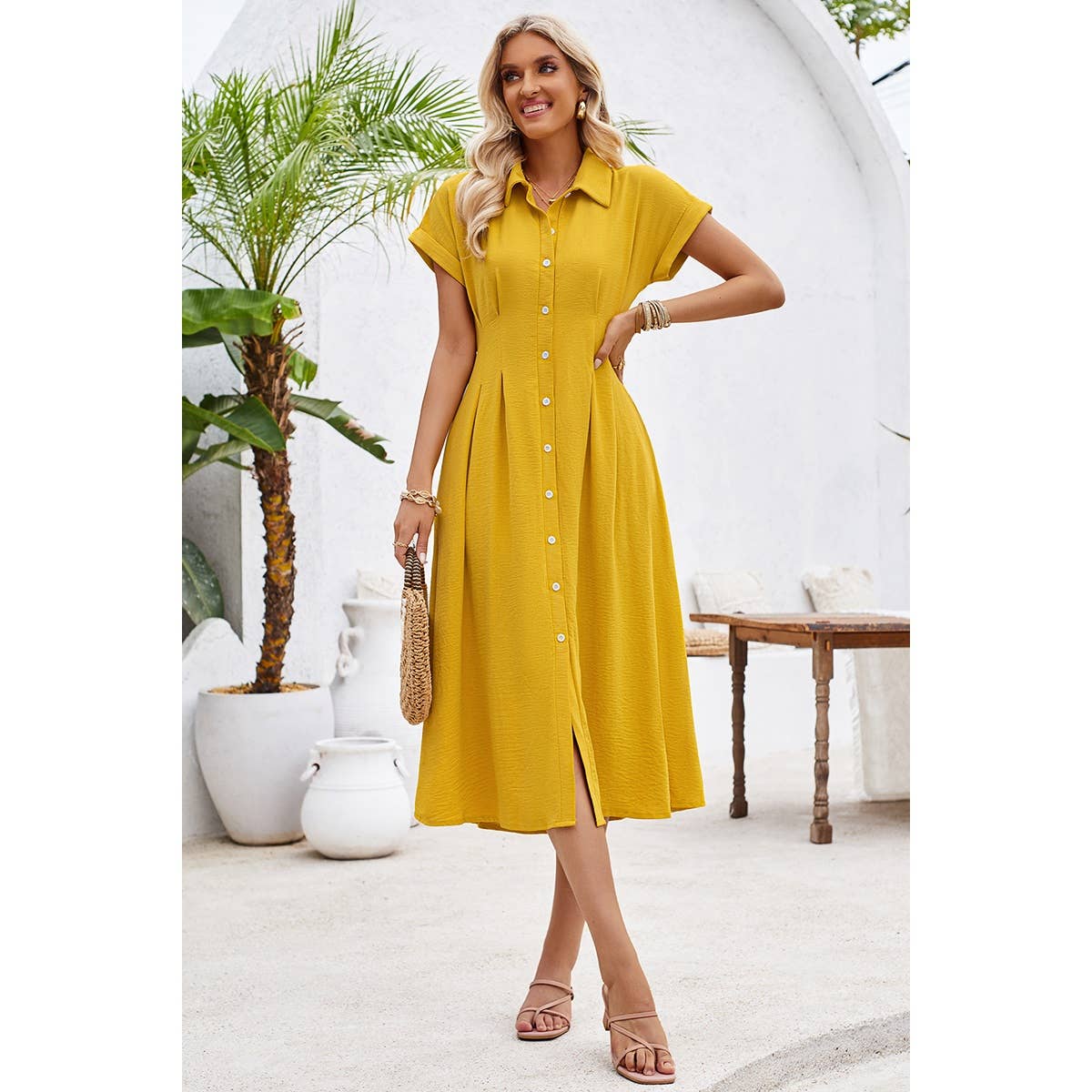 Button Up Solid Front Open Cut Out Fit Dress - MVTFASHION.COM