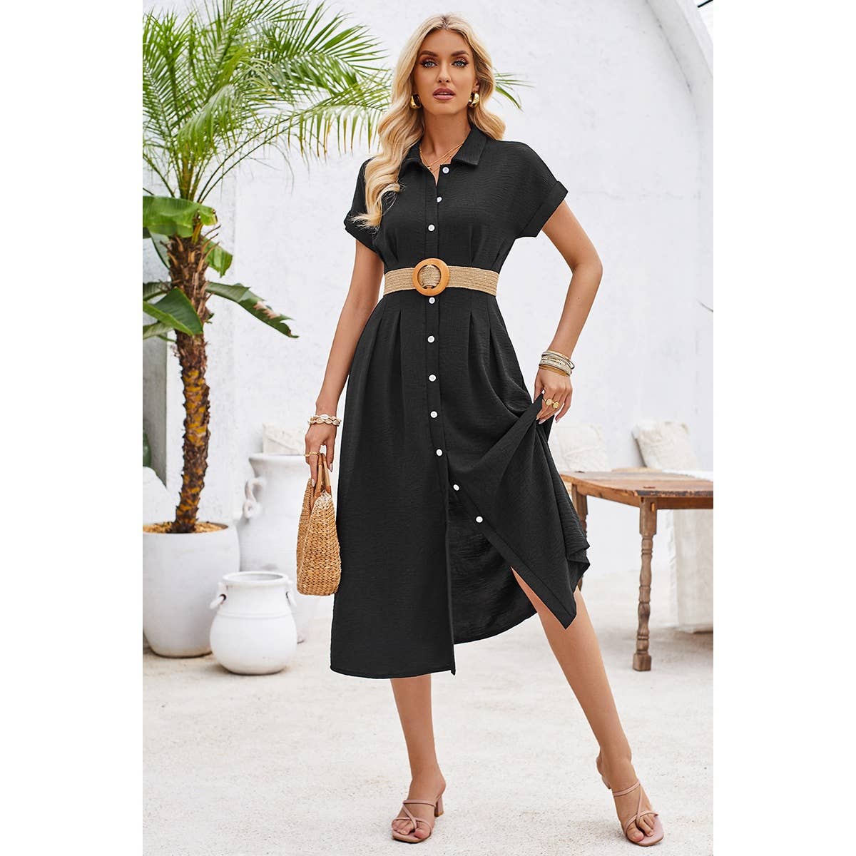 Button Up Solid Front Open Cut Out Fit Dress - MVTFASHION.COM