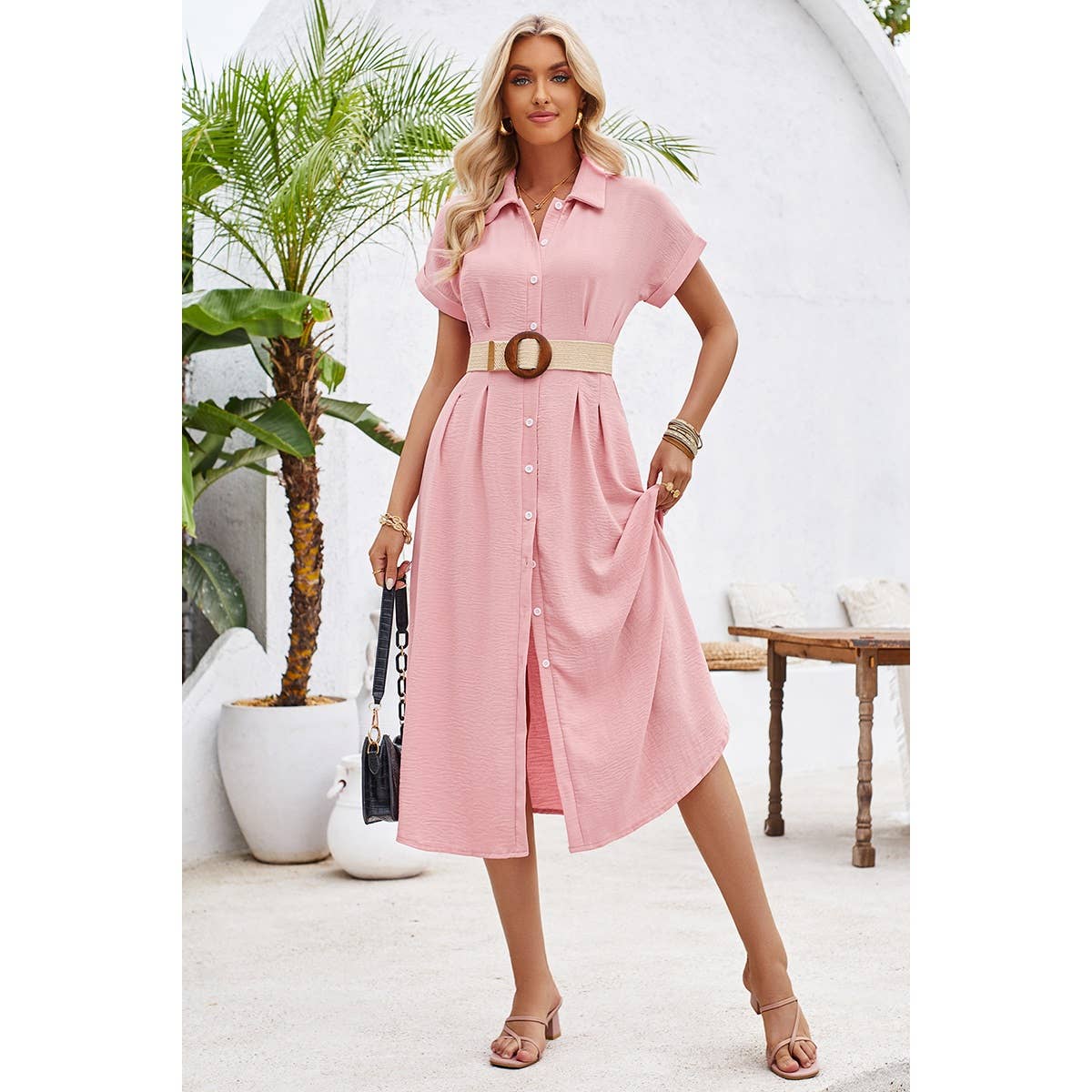 Button Up Solid Front Open Cut Out Fit Dress - MVTFASHION.COM