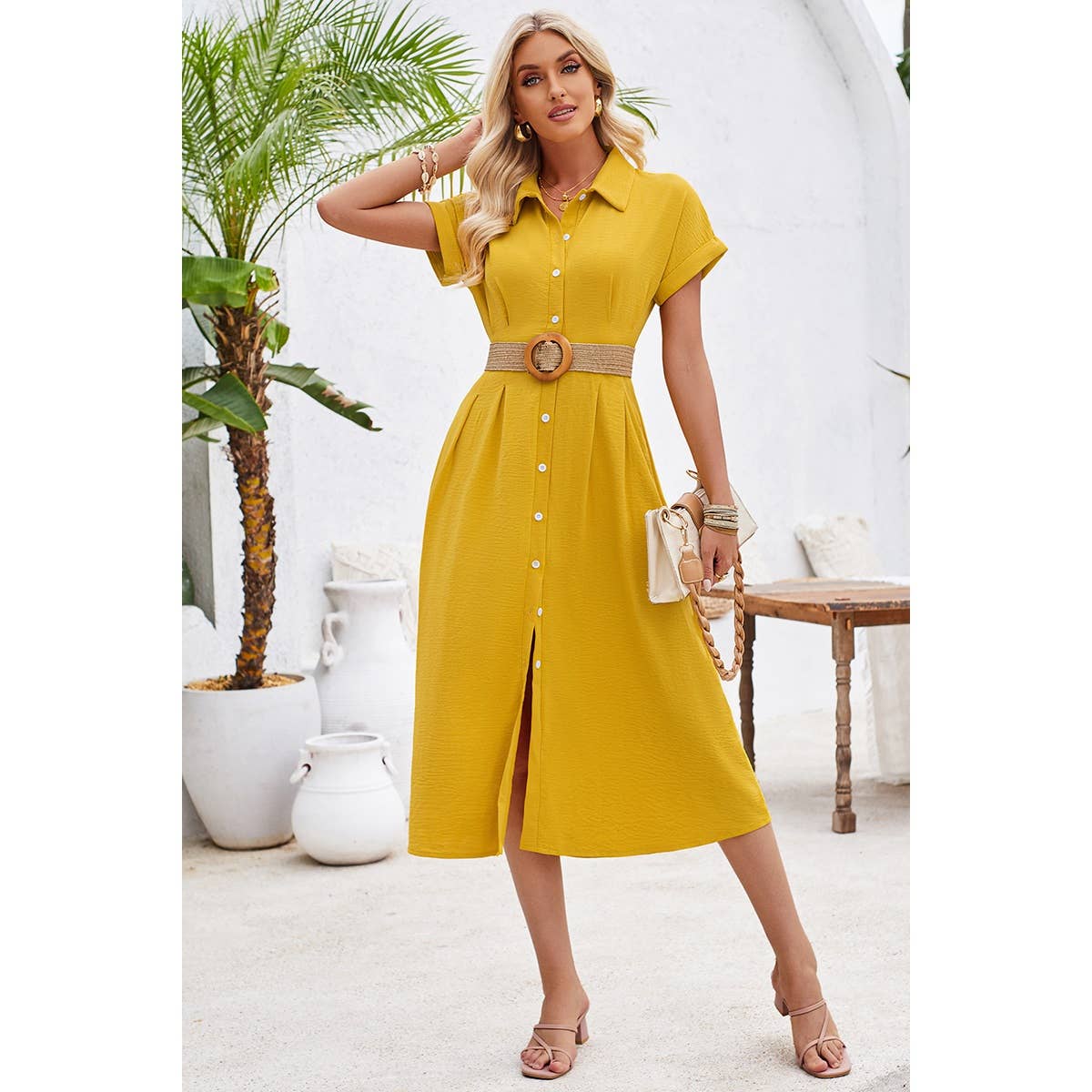 Button Up Solid Front Open Cut Out Fit Dress - MVTFASHION.COM