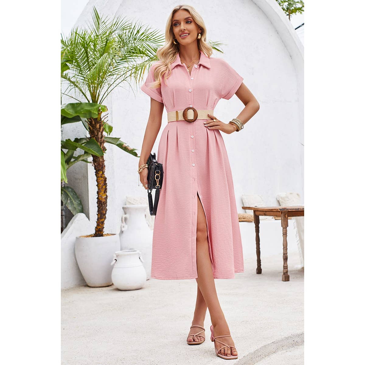 Button Up Solid Front Open Cut Out Fit Dress - MVTFASHION.COM