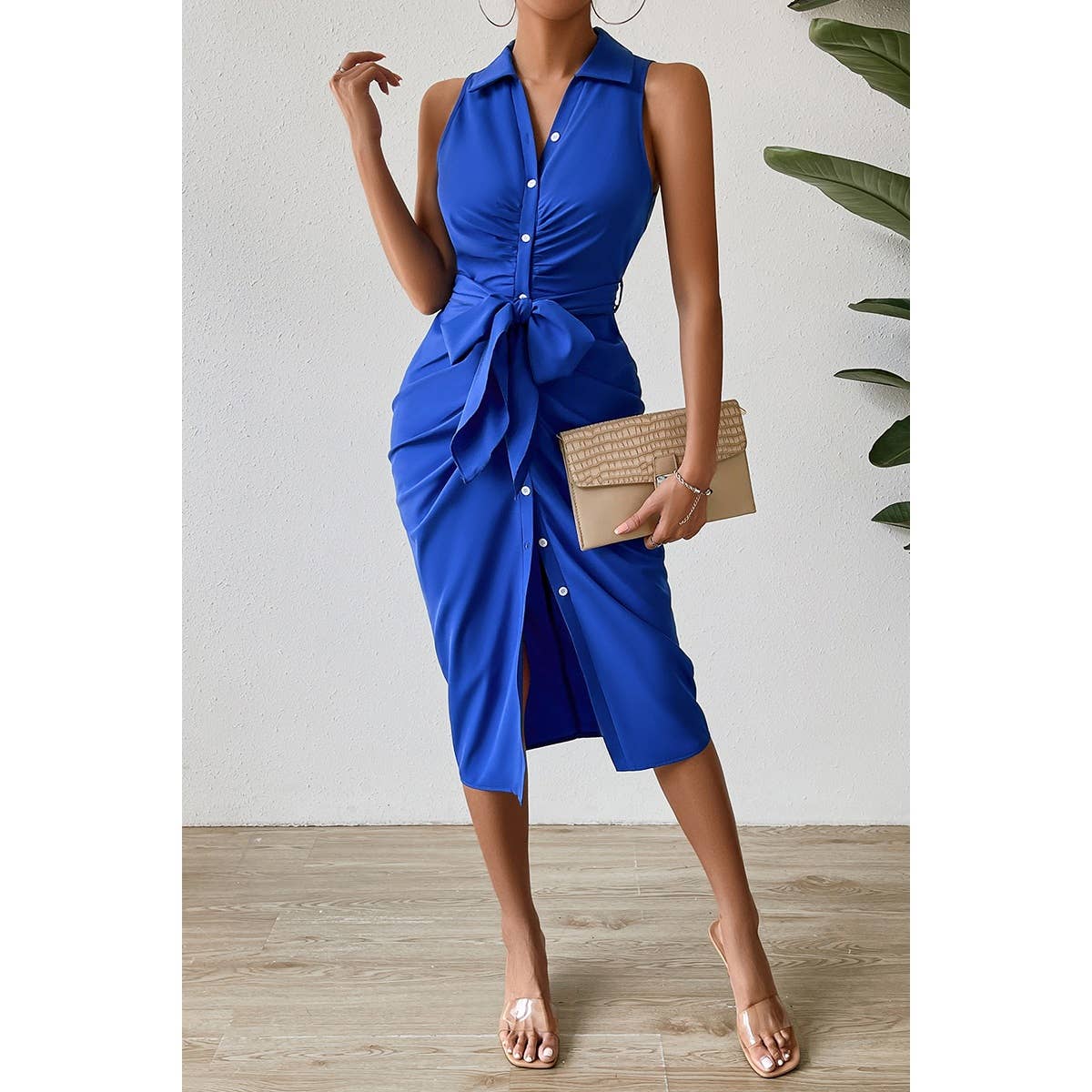 Button V Neck Sleeveless Belt Wrap Dress - MVTFASHION.COM