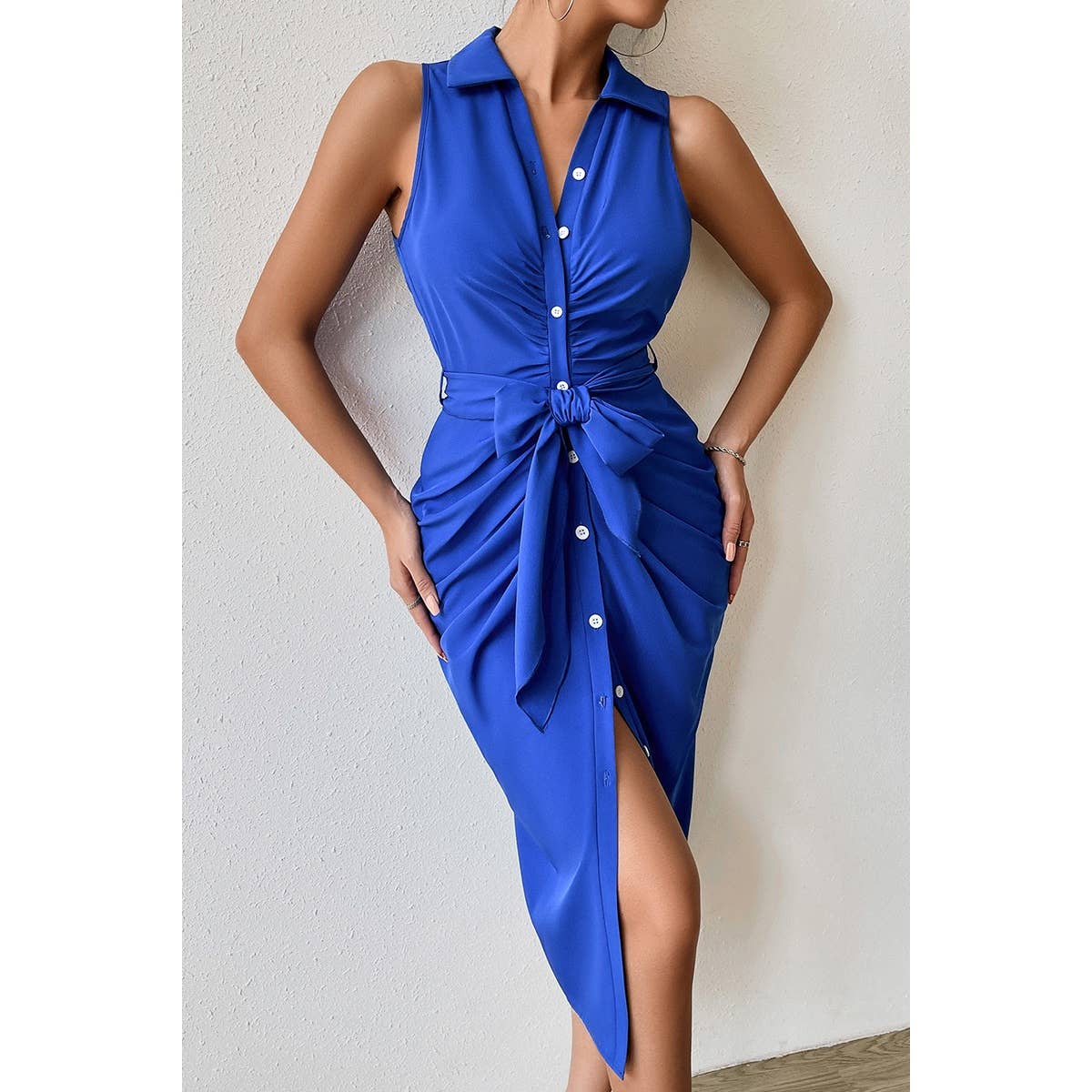 Button V Neck Sleeveless Belt Wrap Dress - MVTFASHION.COM