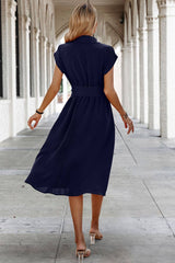 Button Wide Sleeve Belt Solid Fit Dress - MVTFASHION.COM