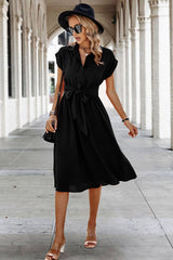 Button Wide Sleeve Belt Solid Fit Dress - MVTFASHION.COM