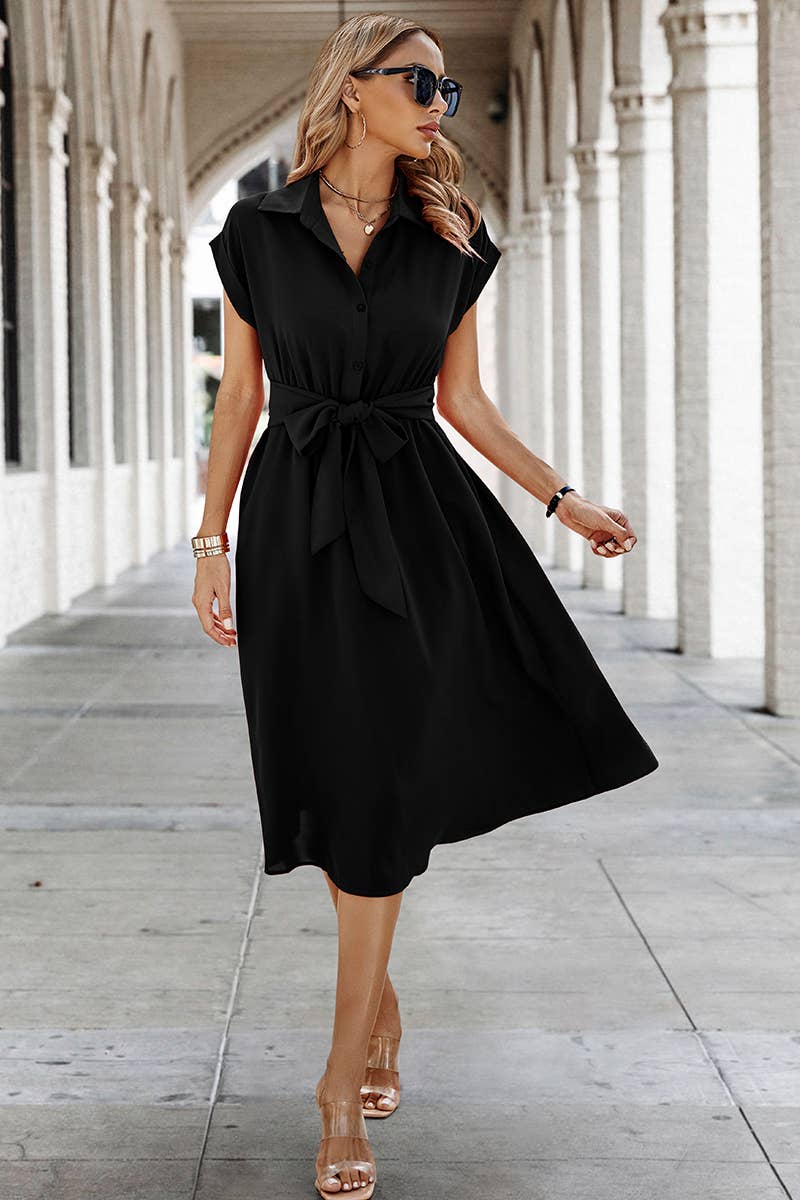 Button Wide Sleeve Belt Solid Fit Dress - MVTFASHION.COM